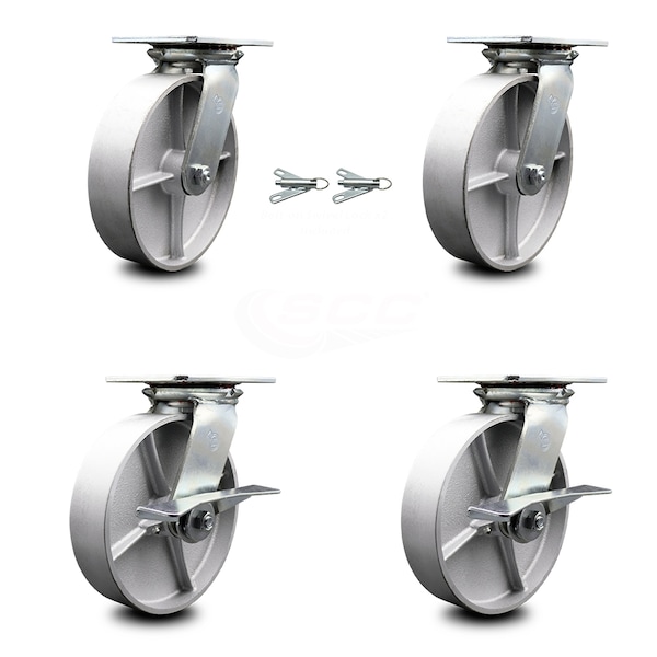 8 Inch Semi Steel Swivel Caster Swivel Locks 2 Brakes, 2PK